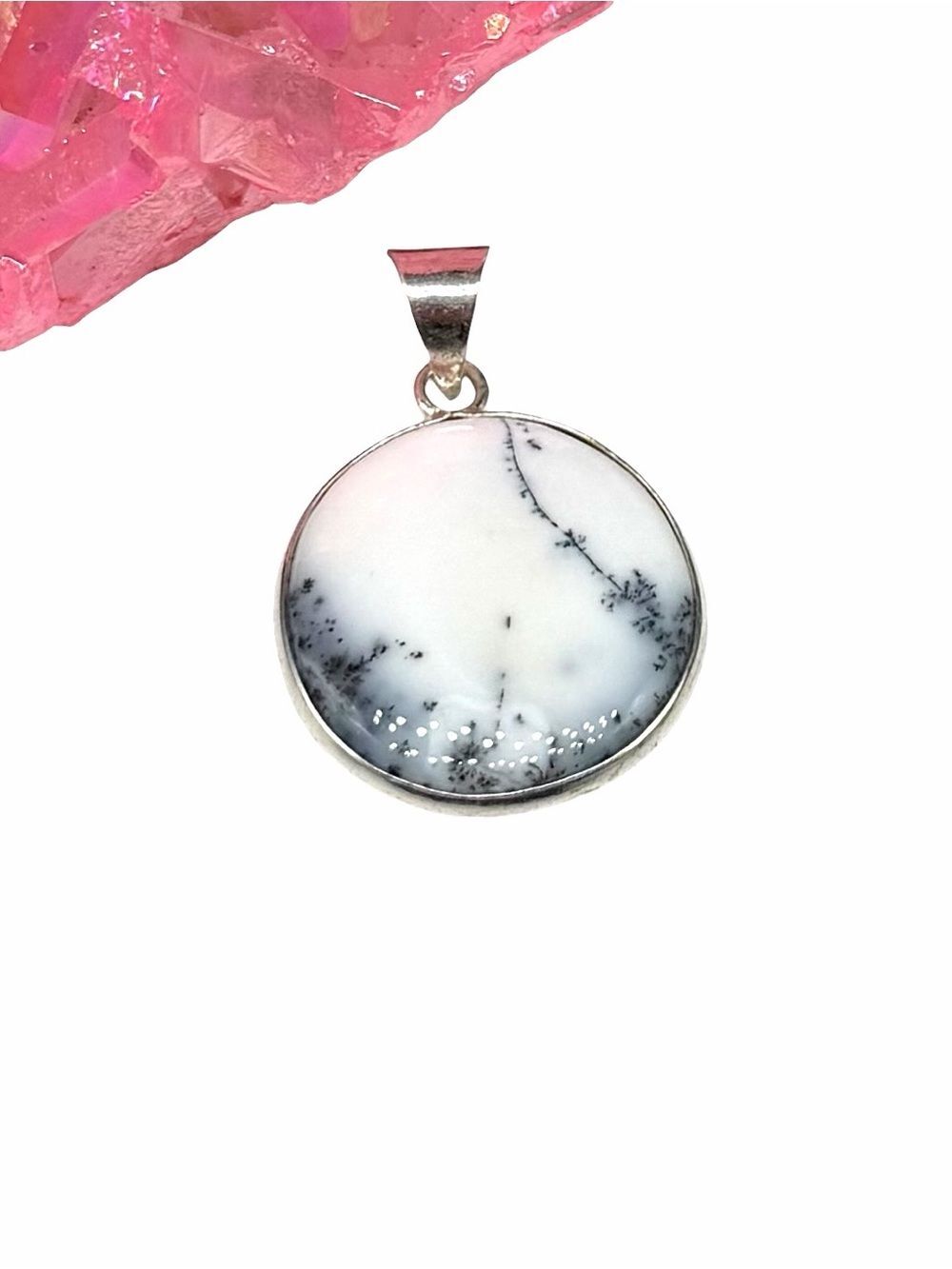 Dendritic Opal Necklace Pendant 925 Sterling Silver Overlay